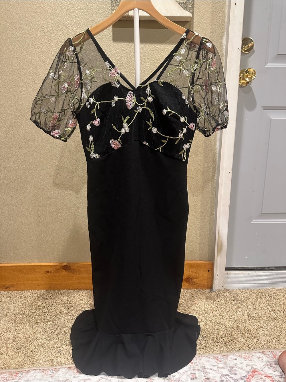 JJs House Black Maxi Dress with Pink and Green Floral Embroidery